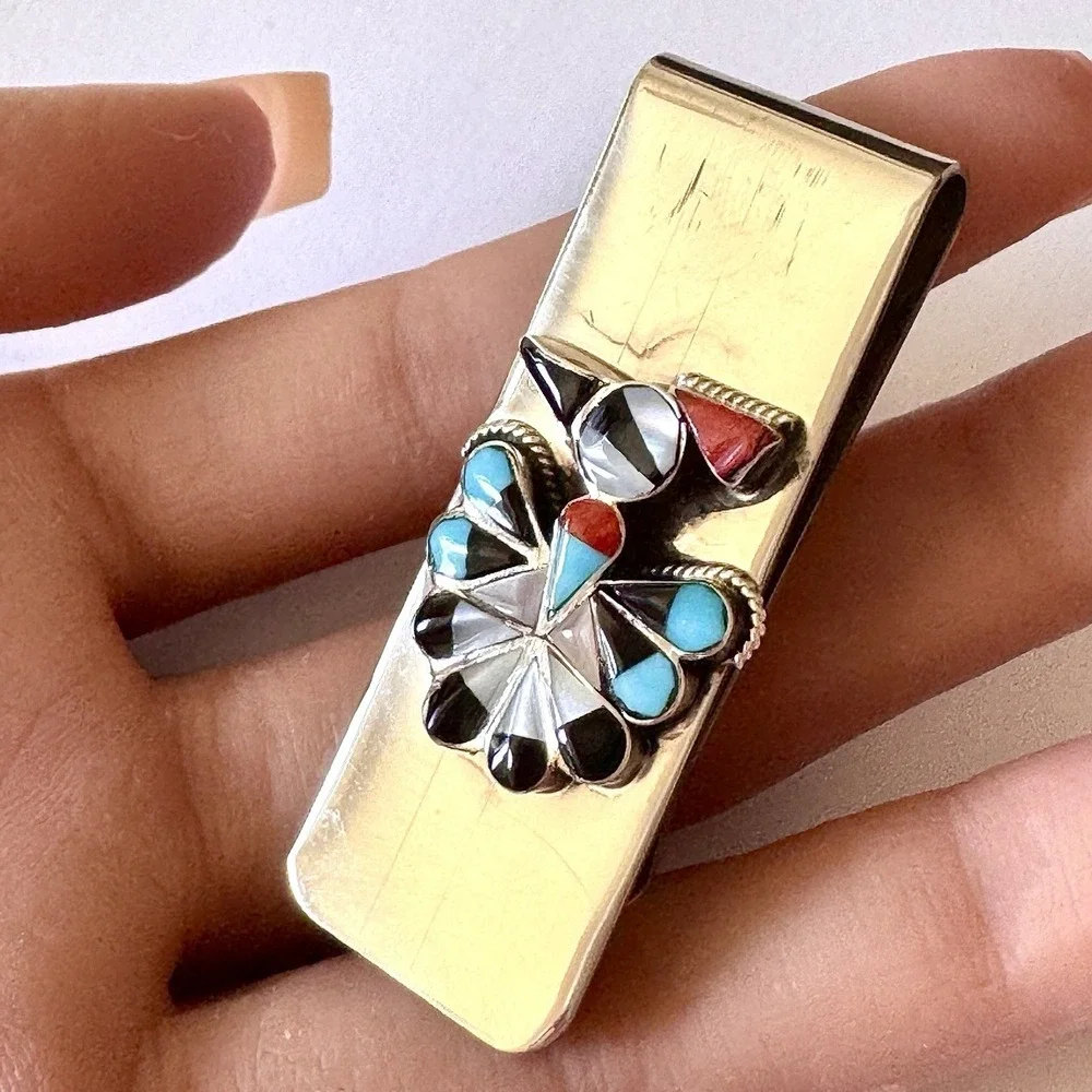 Turquoise Thunderbird Money Clip Silver 2in Mens Gift Signed Nastacio Zuni Inlay